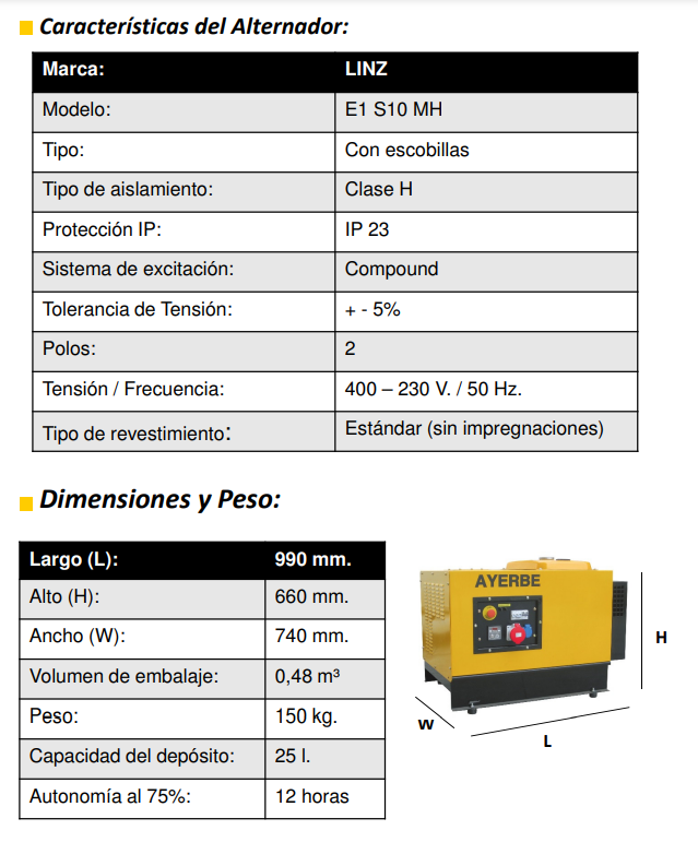 GRUPOS ELECTROGENOS 3000 r.p.m. GASOLINA - AYERBE 8000 H TX INS E - Imagen 5