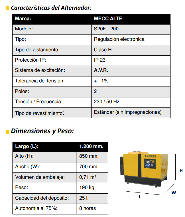 GRUPOS ELECTROGENOS 3000 r.p.m. GASOLINA - AYERBE 13000 H MN INS E - Imagen 5