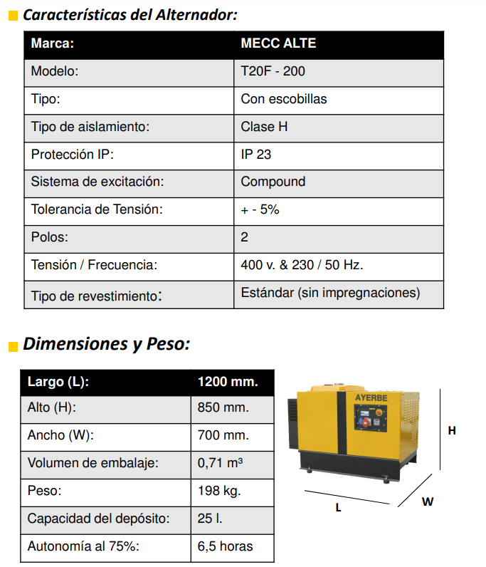 GRUPOS ELECTROGENOS 3000 r.p.m. GASOLINA - AYERBE 15000 H TX INS E - Imagen 5