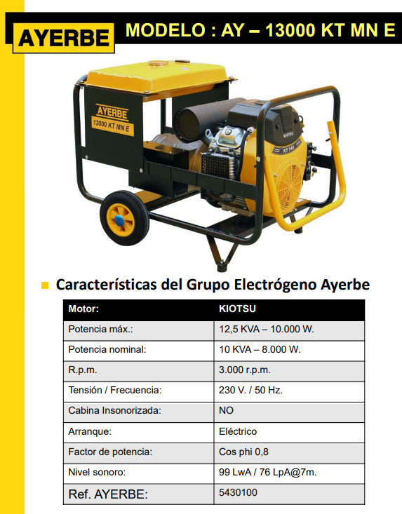 GENERADOR GASOLINA AYERBE 13000 KIOTSU MN ARRANQUE ELECTRICO - Imagen 3