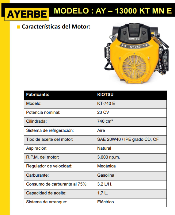 GENERADOR GASOLINA AYERBE 13000 KIOTSU MN ARRANQUE ELECTRICO - Imagen 4
