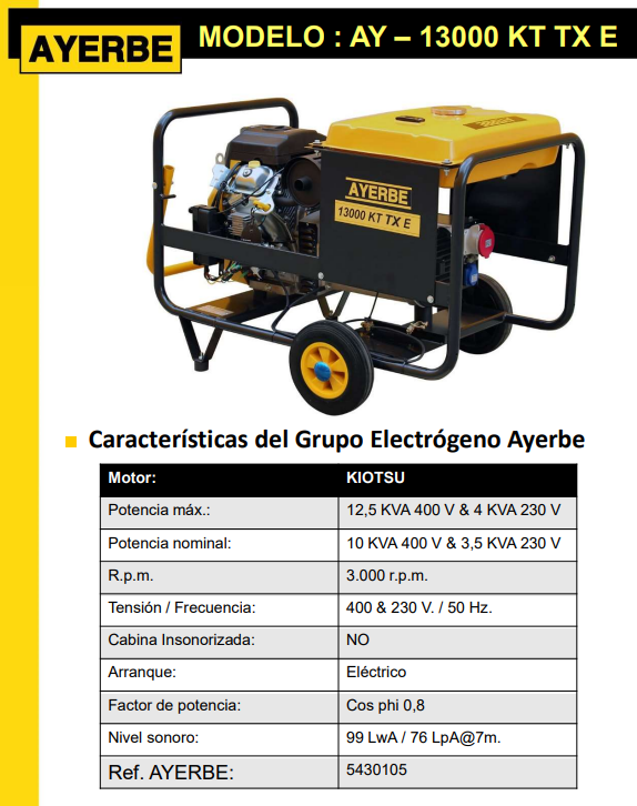 GENERADOR GASOLINA AYERBE 13000 KIOTSU TX ARRANQUE ELECTRICO - Imagen 2