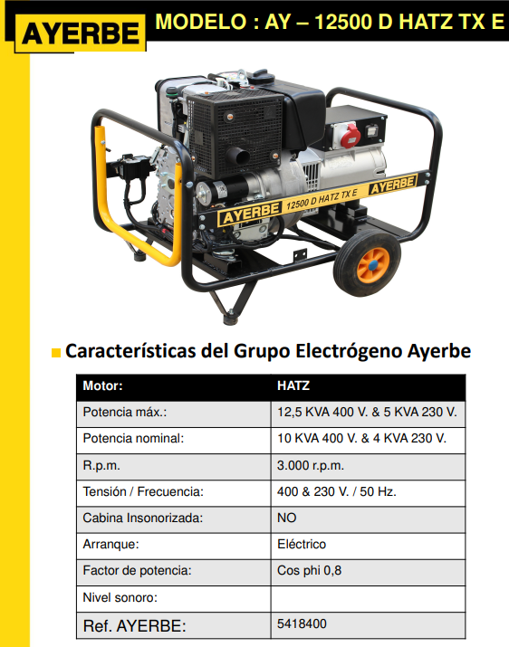 GENERADOR DIESEL AYERBE 12500 HATZ TX ARRANQUE ELECTRICO - Imagen 2