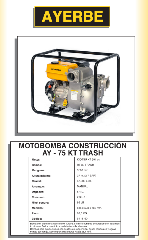 MOTOBOMBA CONSTRUCCION AGUAS SUCIAS AYERBE KT 75 TRASH - Imagen 2