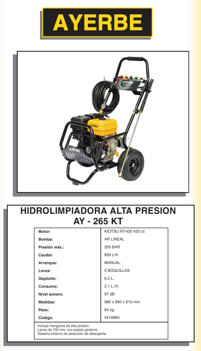 HIDROLIMPIADORA ALTA PRESION AYERBE 265 KT - Imagen 2