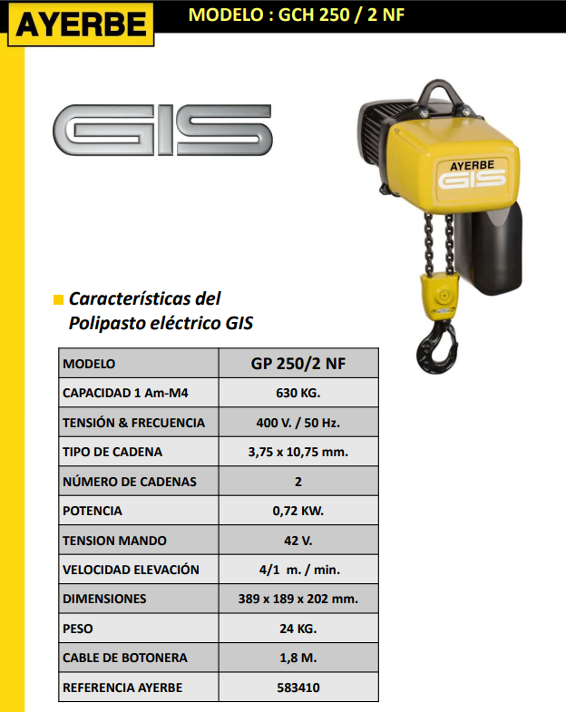 ELEVACIÓN - Polipasto GP 250/2 NF - Imagen 2