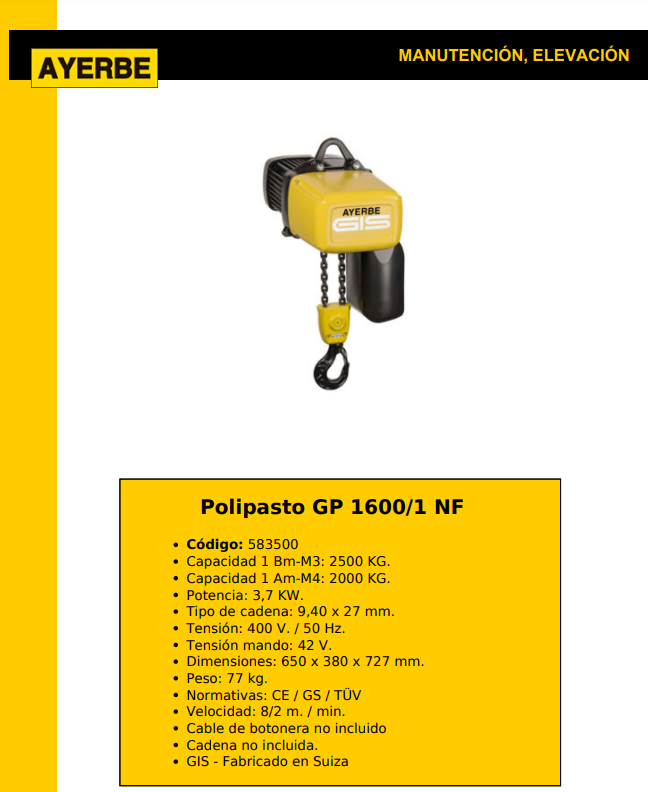 ELEVACIÓN - Polipasto GP 1600/1 NF - Imagen 2
