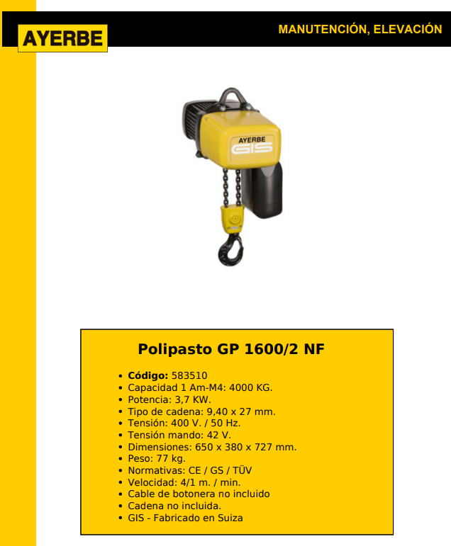 ELEVACIÓN - Polipasto GP 1600/2 NF - Imagen 2