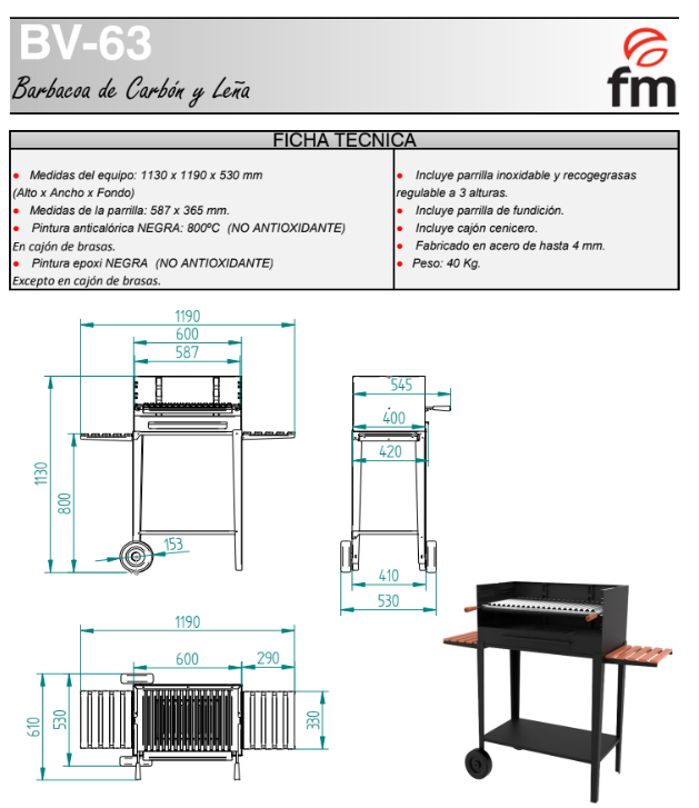 BARBACOAS FR CARBÓN Y LEÑA MODELO BV-63 DE FM - Imagen 4