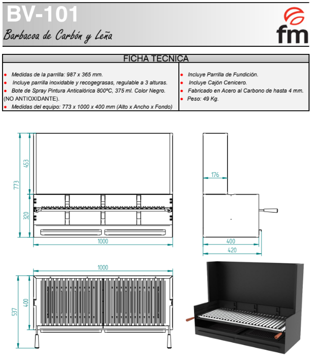 BARBACOAS FR CARBÓN Y LEÑA MODELO BV-101 DE FM - Imagen 4