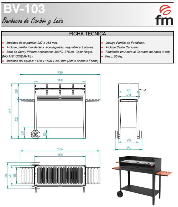 BARBACOAS FR CARBÓN Y LEÑA MODELO BV-103 DE FM - Imagen 3