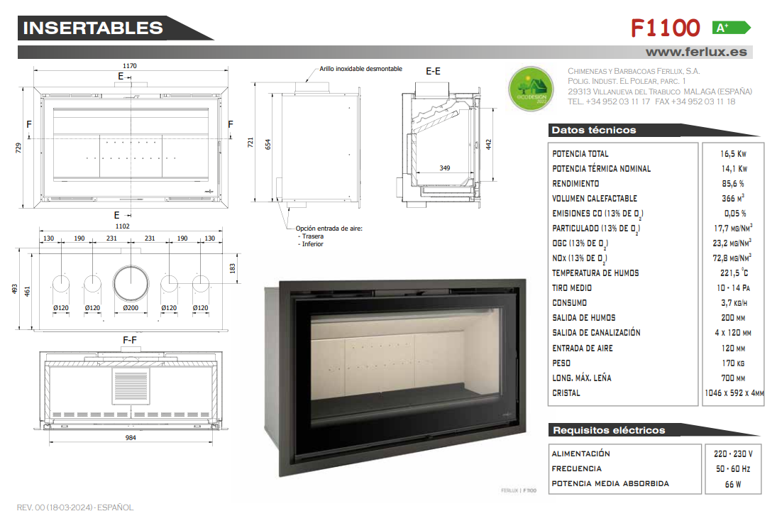 INSERTABLE DE LEÑA EN ACERO CON TURBINA TANGENCIAL FERLUX MODELO F1100 - Imagen 2