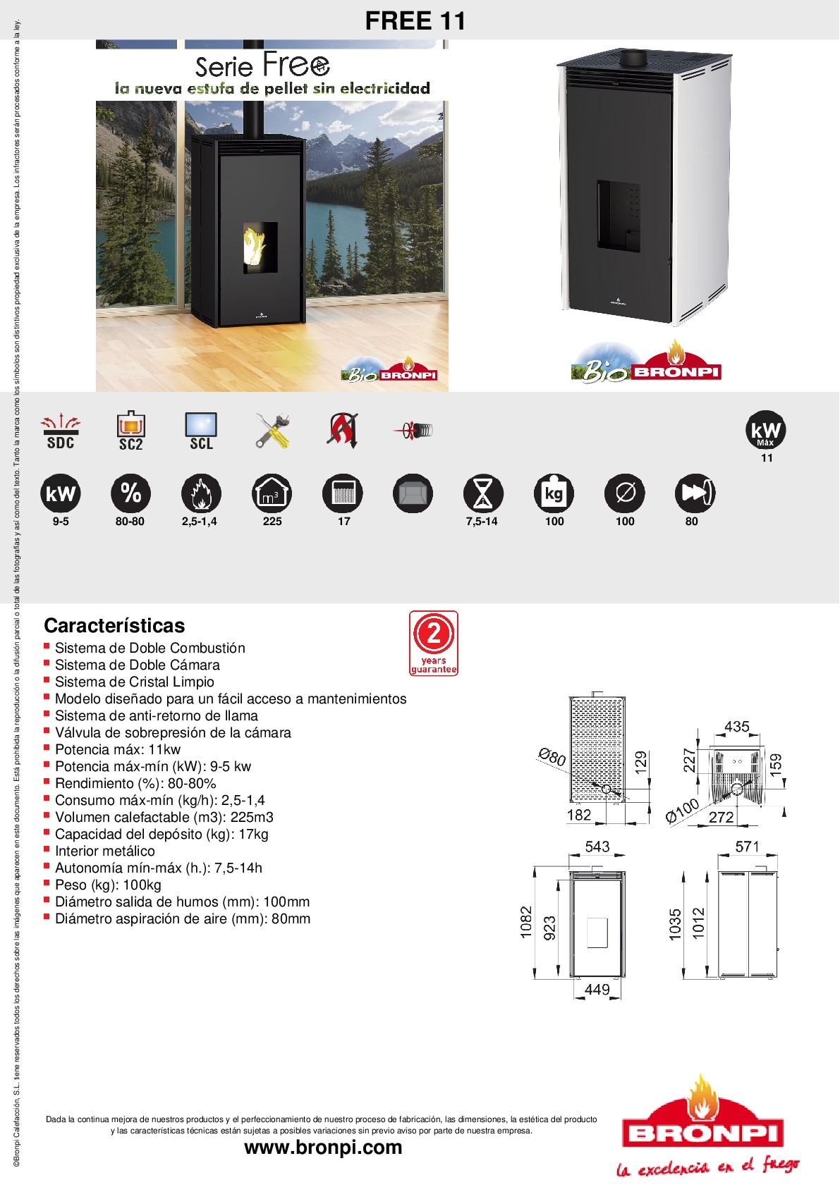 ESTUFA DE PELLET SIN ELECTRICIDAD BRONPI MODELO FREE 11 - Imagen 4