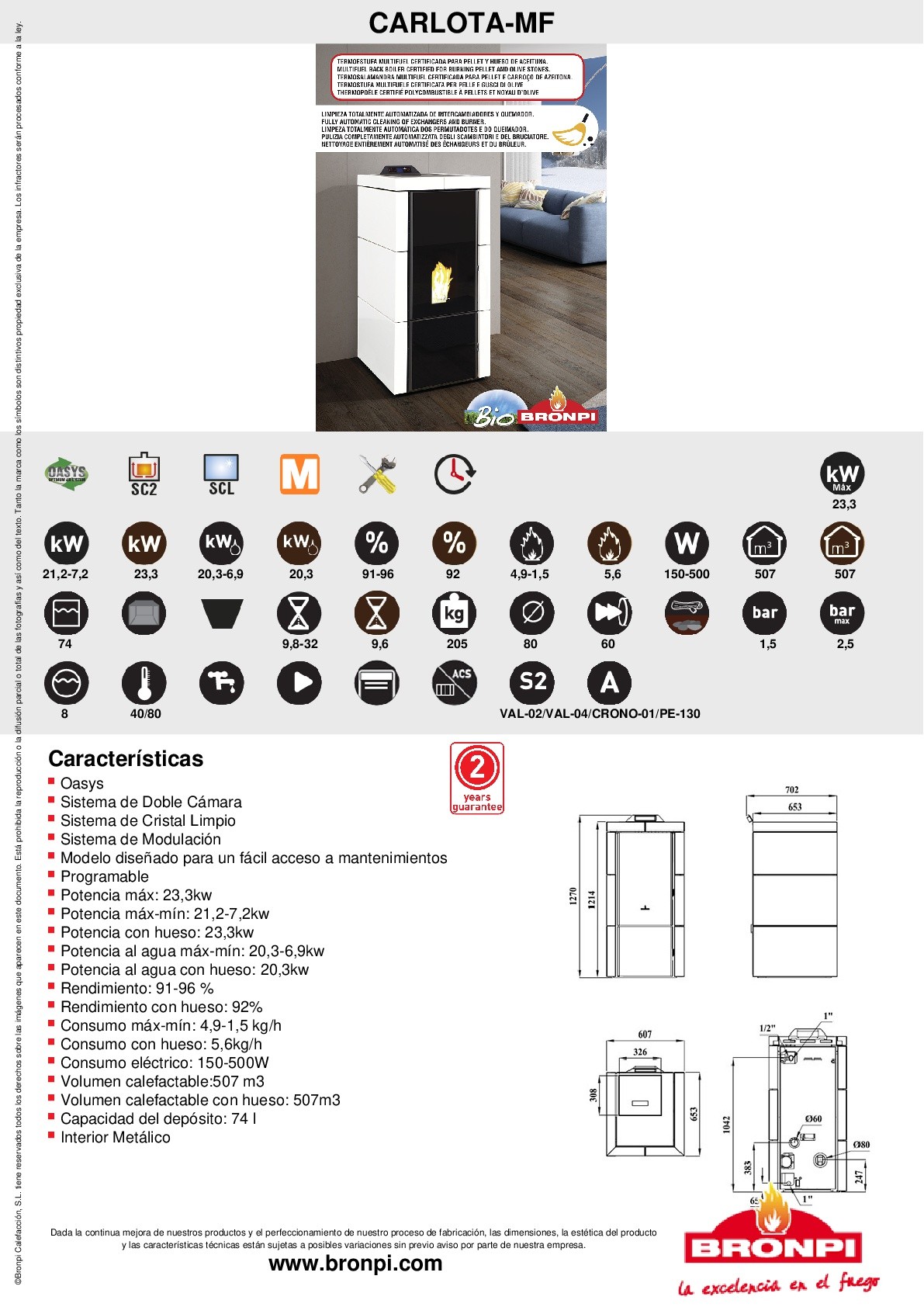 TERMOESTUFA MULTIFUEL PELLET-HUESO ACEITUNA BRONPI MODELO CARLOTA 23 KW - Imagen 2