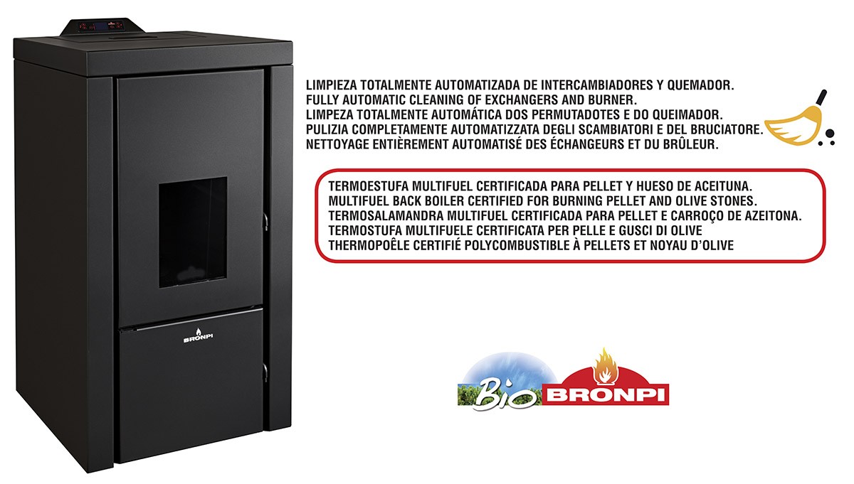 TERMOESTUFA MULTIFUEL PELLET-HUESO ACEITUNA BRONPI MODELO CARLOTA 23 KW - Imagen 3