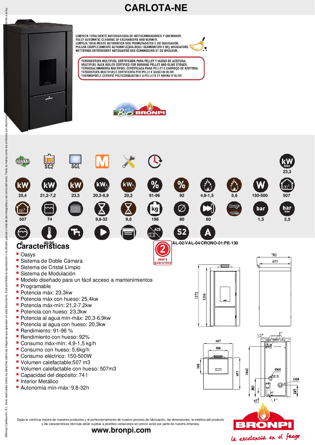 TERMOESTUFA MULTIFUEL PELLET-HUESO ACEITUNA BRONPI MODELO CARLOTA 23 KW - Imagen 4