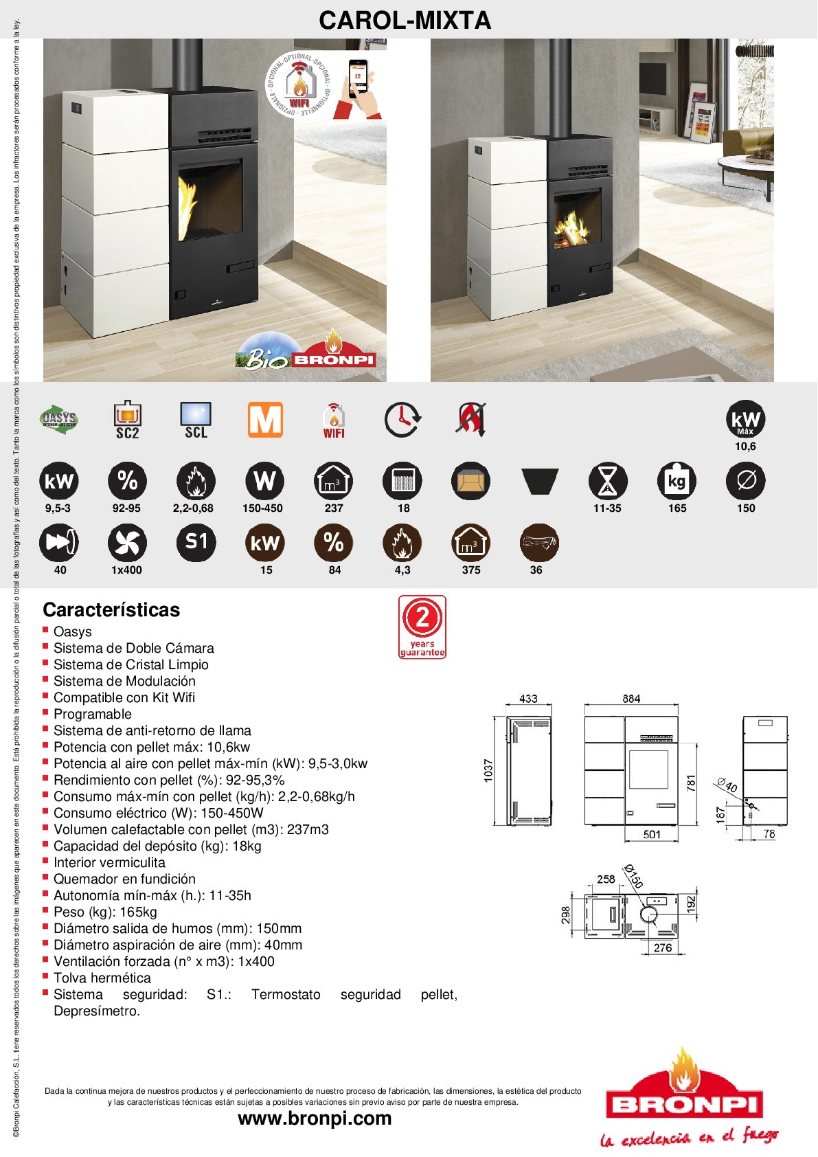 ESTUFA MIXTA PELLET Y LEÑA BRONPI MODELO CAROL MIXTA 10 KW - Imagen 3