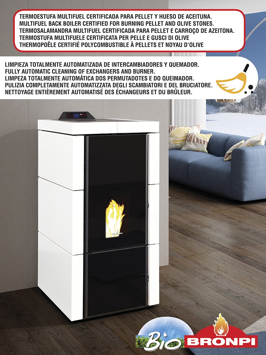 TERMOESTUFA MULTIFUEL PELLET-HUESO ACEITUNA BRONPI MODELO CARLOTA 23 KW