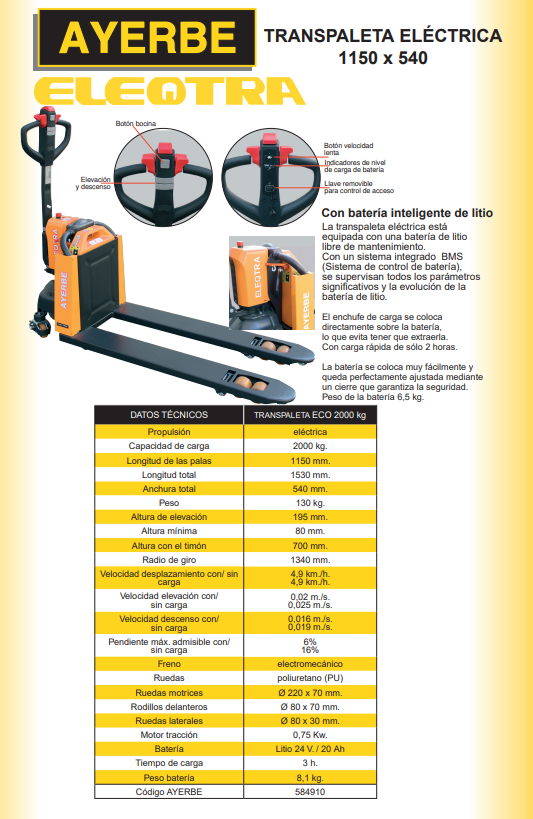 BRICOSOL TRANSPALETA ELECTRICA ELEQTRA «ECO» 540 x 1150 – 2000 kg - Imagen 2