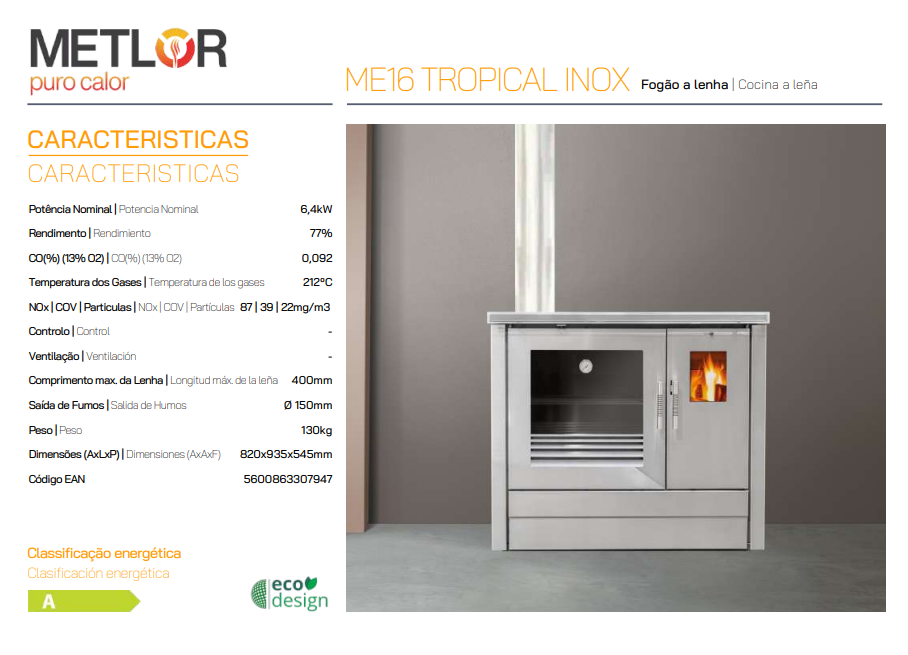 COCINA DE LEÑA TRADICIONAL METLOR MODELO ME16 INOX PV - Imagen 3