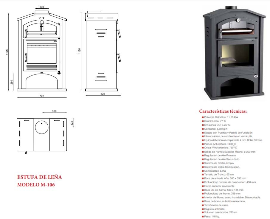 ESTUFA LEÑA CON HORNO INOX ENVOLVENTE FM MODELO M-106 - Imagen 4