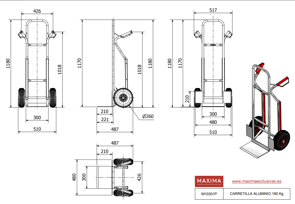 CARRETILLA DE ALUMINIO HOTEL-REPARTO PLATAFORMA FIJA 180KG DE CARGA M10301 - MAXIMA - Imagen 3