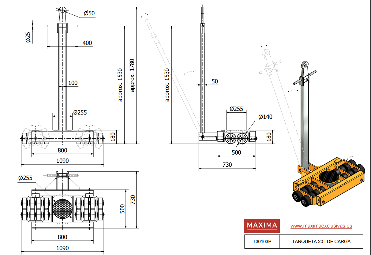 TANQUETA MANUAL 16 RODILLOS 20 TONELADAS DE CARGA T30103 - MAXIMA - Imagen 3