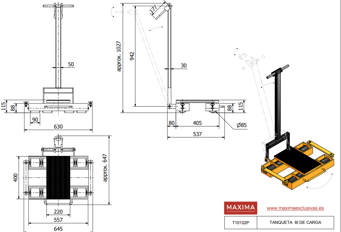 TANQUETA MANUAL 8 RODILLOS 6 TONELADAS DE CARGA T10102 - MAXIMA - Imagen 3