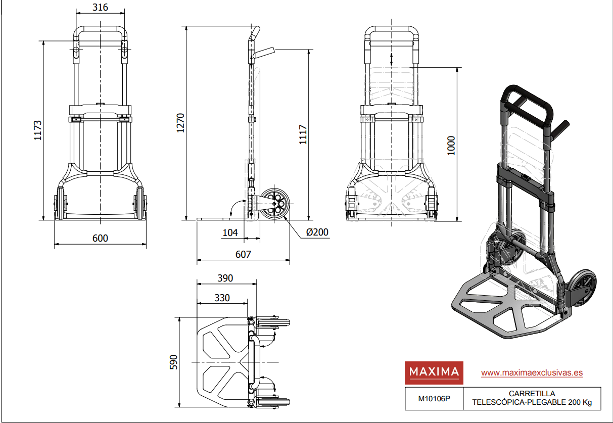 CARRETILLA PLEGABLE ALMACÉN Y ALTA CARGA 200KG DE CARGA M10106 - MAXIMA - Imagen 4