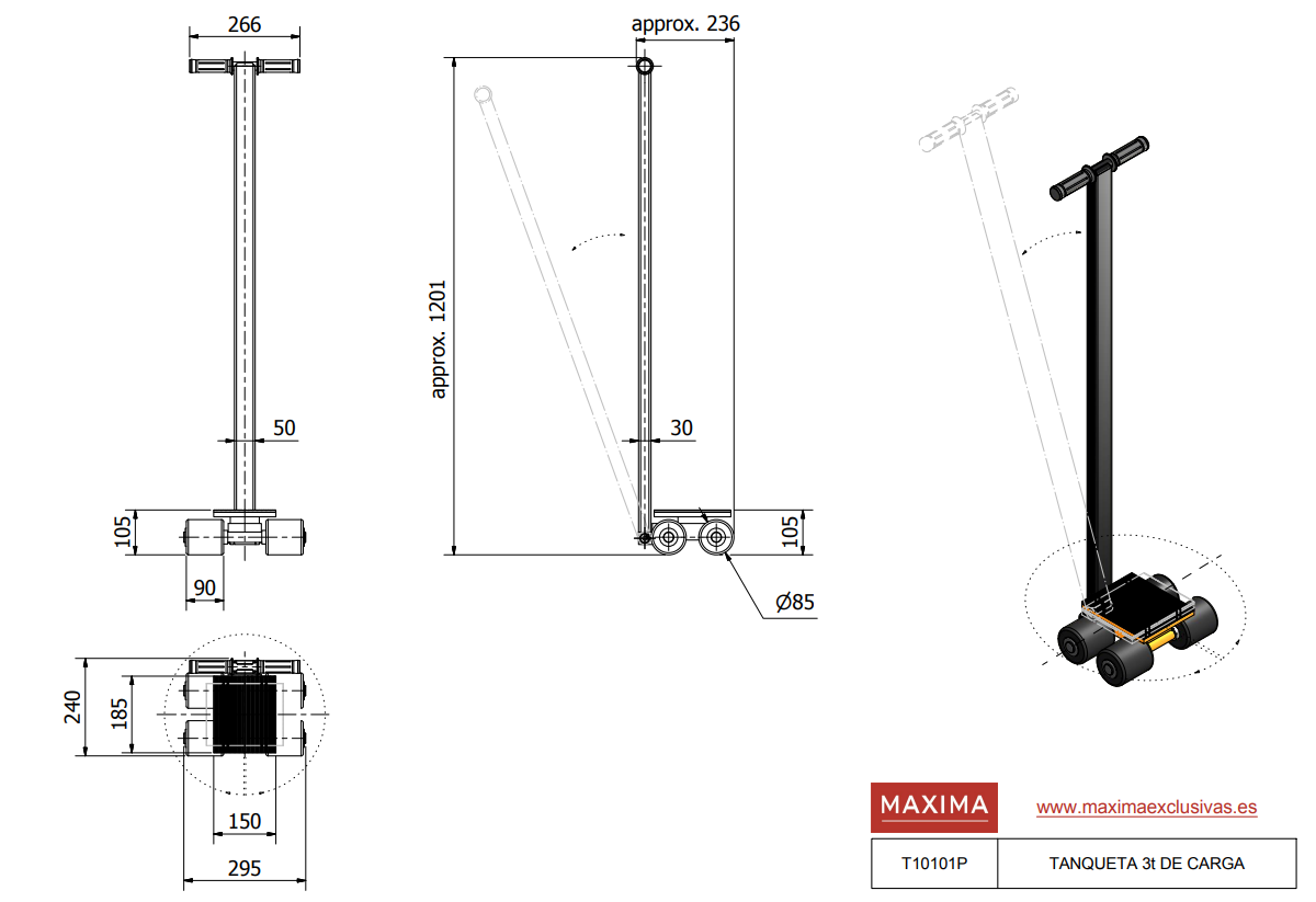TANQUETA MANUAL 4 RODILLOS 3 TONELADAS DE CARGA T10101 - MAXIMA - Imagen 4