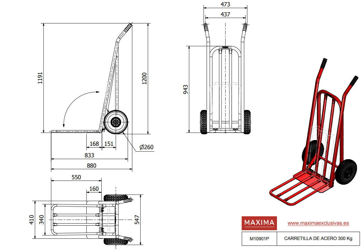 CARRETILLA DE ACERO PARA ALMACÉN PLATAFORMA PLEGABLE 300KG DE CARGA M10901 - MAXIMA - Imagen 4
