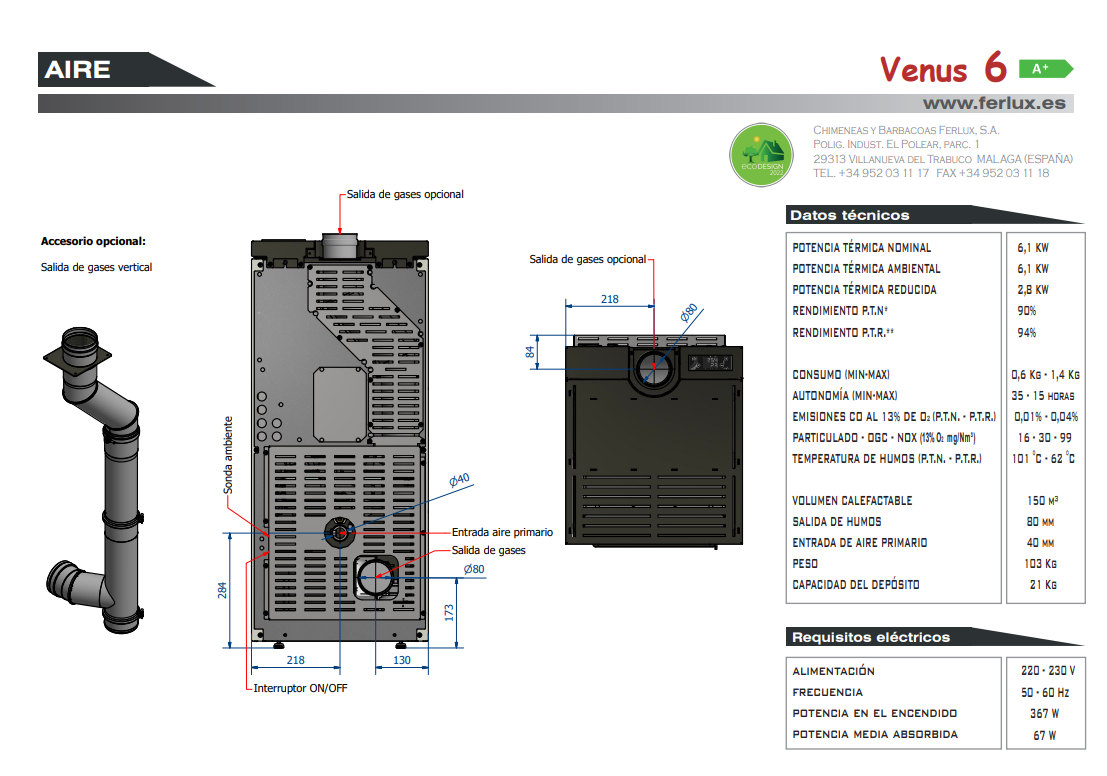 ESTUFA DE PELLET FERLUX 6KW MODELO VENUS PIEDRA - Imagen 3