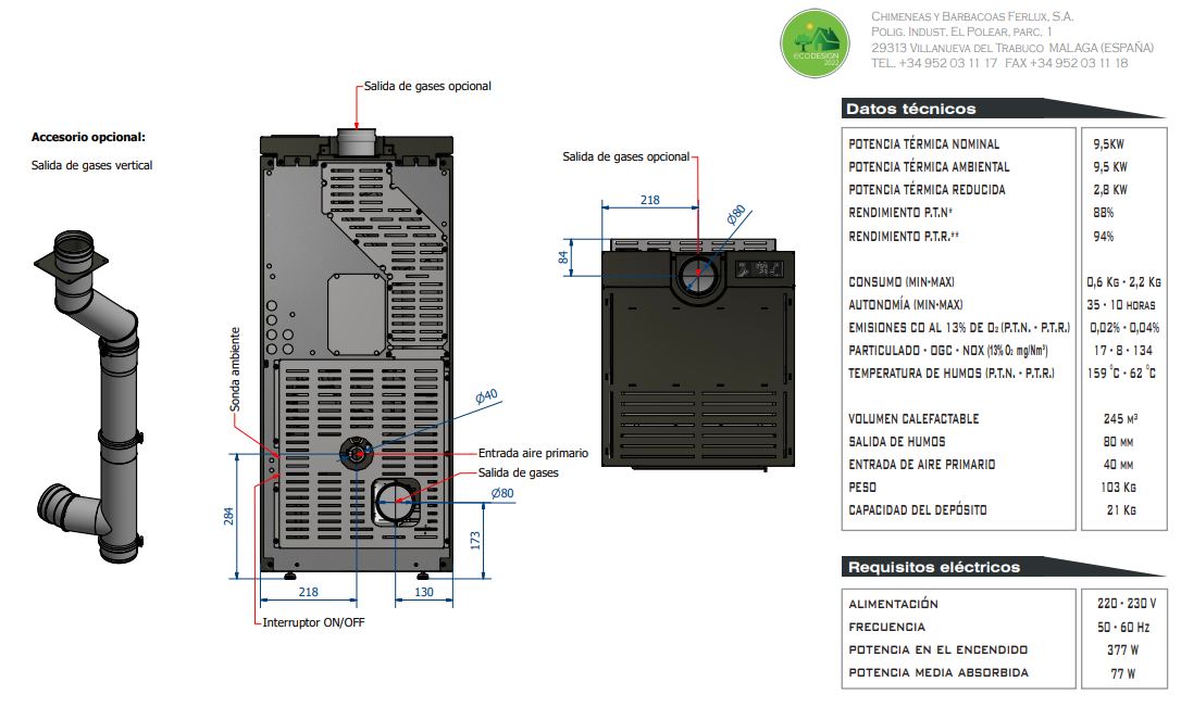 ESTUFA DE PELLET FERLUX 10KW MODELO VENUS PIEDRA - Imagen 3