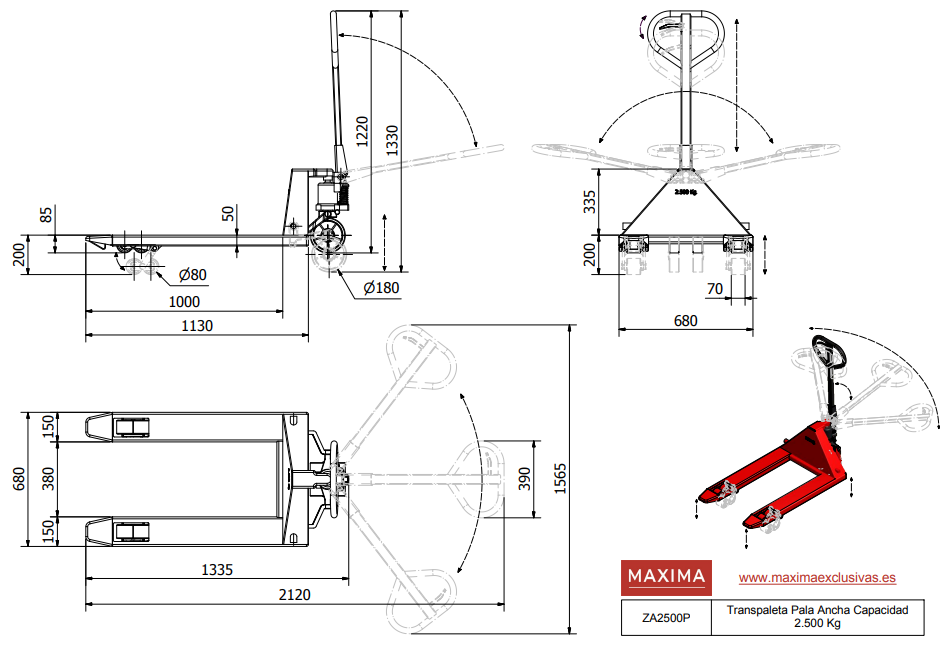 TRANSPALETA MANUAL PALA ANCHA 2500KG DE CARGA ZA2500 - MAXIMA - Imagen 3