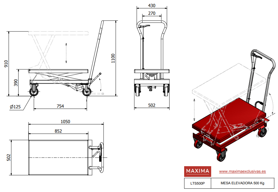 MESA ELEVADORA DE TIJERA 500KG DE CARGA LTS500 - MAXIMA - Imagen 2