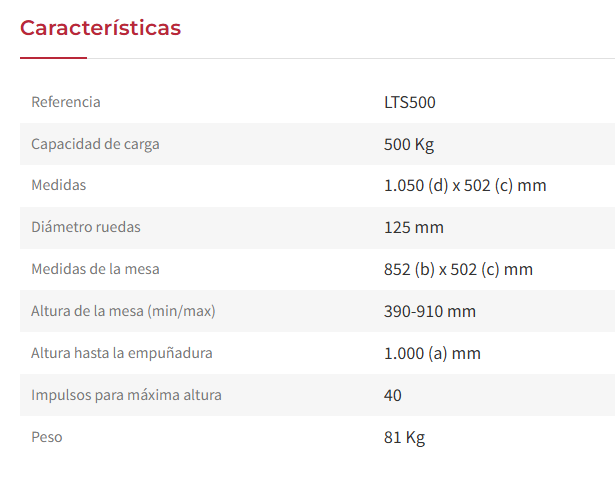MESA ELEVADORA DE TIJERA 500KG DE CARGA LTS500 - MAXIMA - Imagen 5