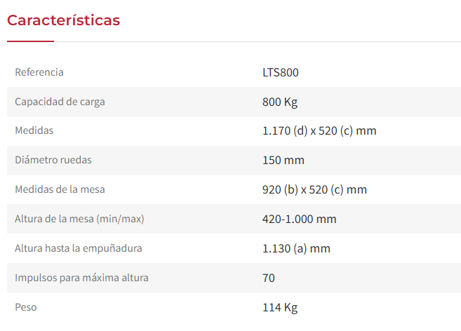 MESA ELEVADORA DE TIJERA 800KG DE CARGA LTS800 - MAXIMA - Imagen 4