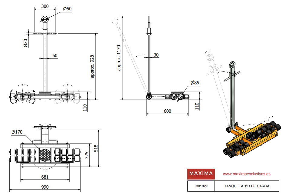 TANQUETA MANUAL 16 RODILLOS 12 TONELADAS DE CARGA T30102 - MAXIMA - Imagen 2